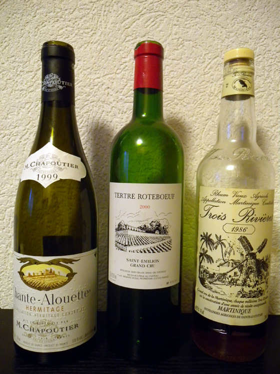 Hermitage blanc Chante-Alouette 1999 de Chapoutier + Château Tertre Roteboeuf 2000  + rhum 3 rivières 1986